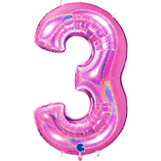 613GHF-Number-3-Glitter-Holographic-Fuxia grabo holographic fuxia number three balloon