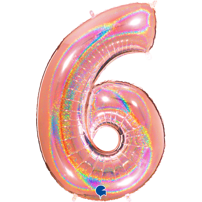836GHRG-Number-6-Glitter-Holographic-Rose-Gold rose gold glitter holographic foil number 6 six balloon