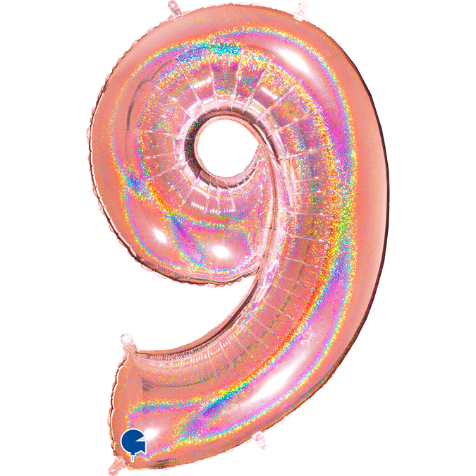 839GHRG-Number-9-Glitter-Holographic-Rose-Gold rose gold glitter holographic foil number 9 nine balloon