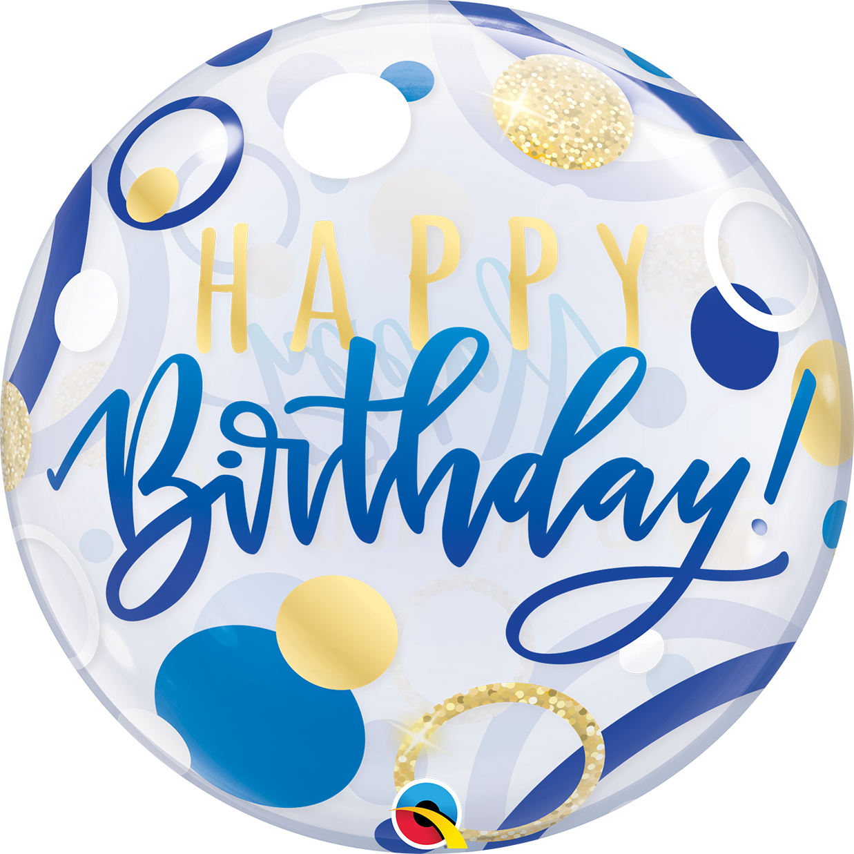BIRTHDAY BLUE & GOLD DOTS BUBBLE | 22 INCH QUALATEX